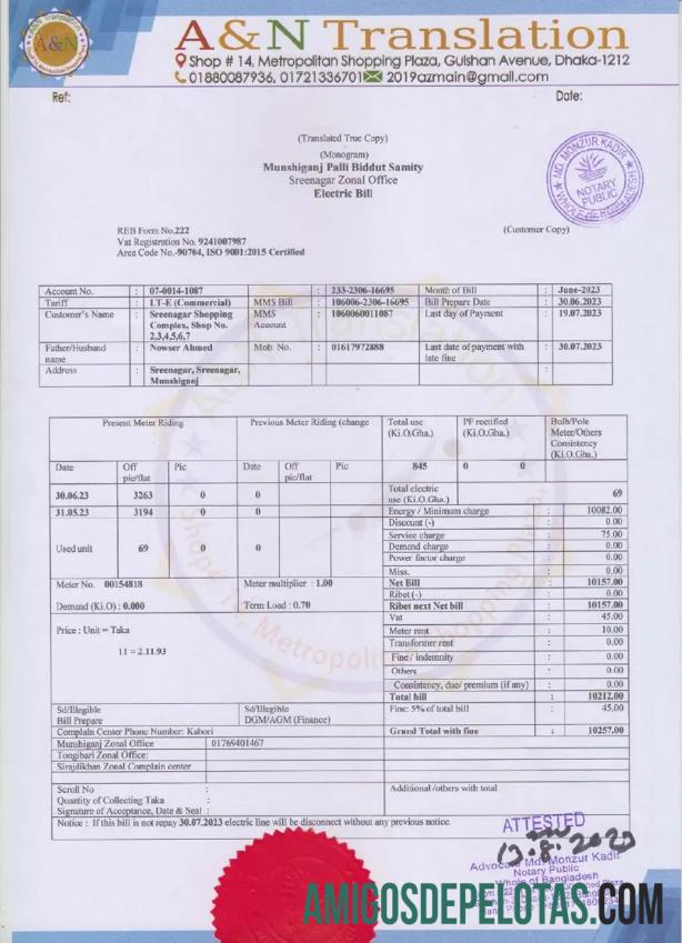 Bangladesh A&N Translation Electric Bill em formato PSD modelo